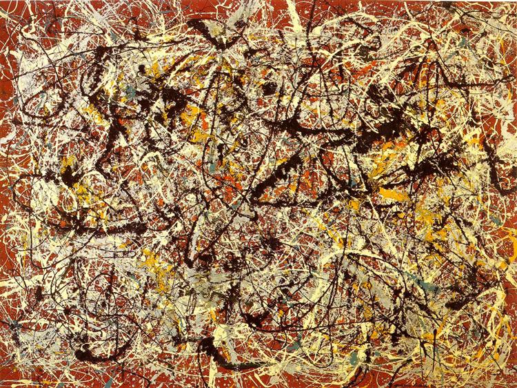 Mural on Indian red ground de Jackson Pollock est un Mixed Media sur une Planche de 244 x 183 cm fait en 1950 ©Wikiart