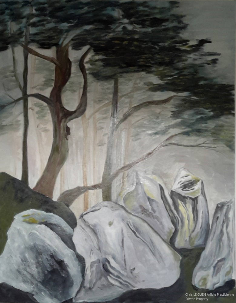 Arbres et Rochers N°1 a été peint par Chris Le Guen Artiste Plasticienne et Sculptrice