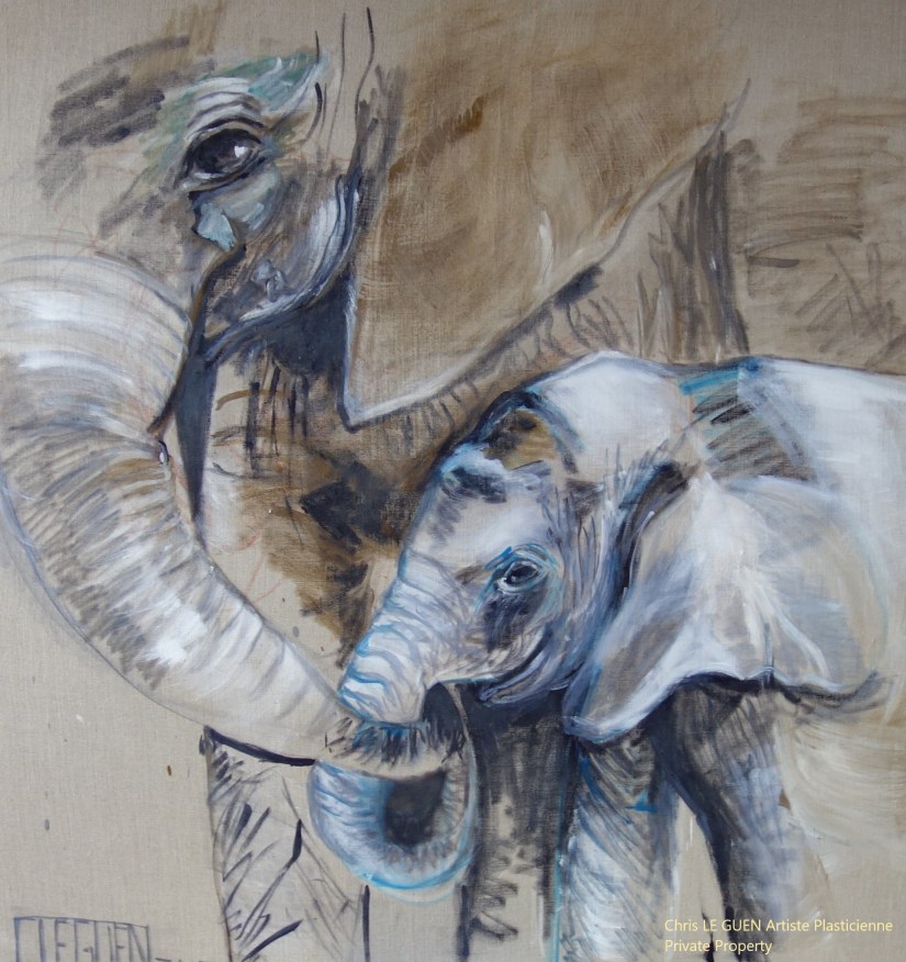 Famille Éléphants a été peint par Chris Le Guen Artiste Plasticienne Peintre et Sculptrice