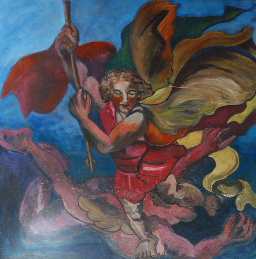 Saint-Michel Terrassant le Dragon est une création de Chris Le Guen Artiste Plasticienne Peintre et Sculptrice