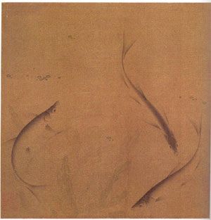 Trois poissons de Liou T'Sai est un Feuillet d'album, avec Encre et Couleur sur Soie de 22.2 x 22.8 cm ©Pinterest