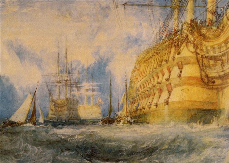 A First Rate Taking In Stores peint par Joseph Mallord William Turner est une Aquarelle et Crayon sur Papier de 39.7 x 28.6 cm faite en 1818 ©Wikiart