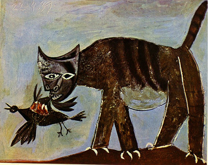 Chat saisissant un oiseau de Pablo Picasso est une Peinture à l Huile sur Toile de 81 x 100 cm faite en 1939 ©Wiki-art