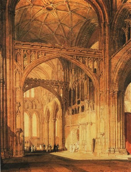 Interior of Salisbury Cathedral peint par Joseph Mallord William Turner. C est une Aquarelle sur Papier de 50.8 x 66 cm faite en 1802-1805 ©Wikiart