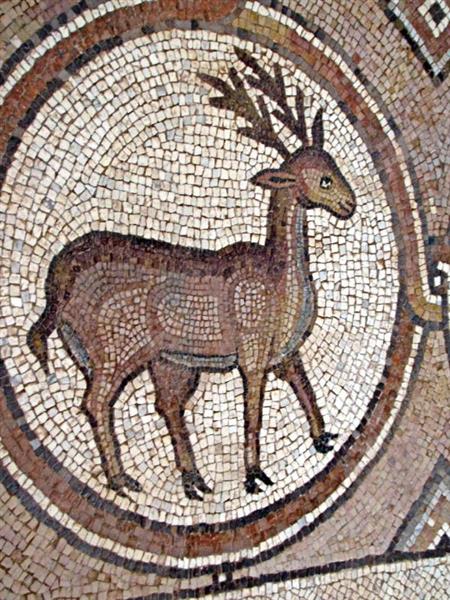 Mosaic of Deer in Petra Church est une Mozaïque Byzantine datant de 450-550 ©Wiki-art