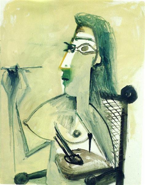 Nue dessinant assise dans un fauteuil par Pablo Picasso en 1965©Wikiart