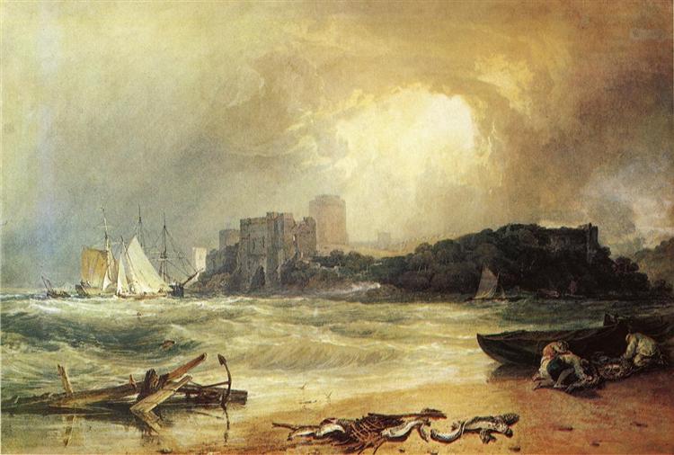 Pembrock Caselt, South Wales, Thunder Storm Approaching par Joseph Mallord William Turner. C est une Aquarelle sur Papier de 99.1 x 50.8 cm faite en 1801 ©Wikiart