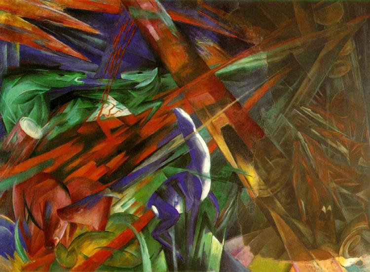 Le Destin des animaux a été peint par Franz Marc en 1913. C est une Peinture à l'Huile de 194.3 x 261.6 cm ©WikiArt